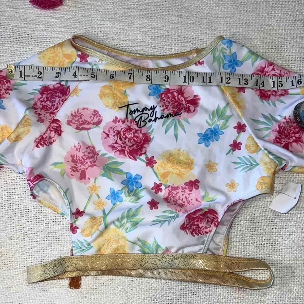 Tommy Bahama 💐 Girls 2-pc Set Sz 14 Floral L/S Rashguard with Gold Trim